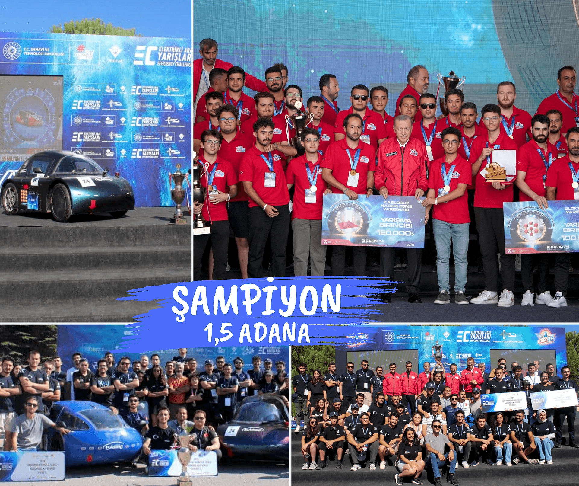 TÜBİTAK tarafından düzenlenen "2024 TEKNOFEST Uluslararası Efficiency Challange Elektrikli Araç Yarışları"nda Hidromobil kategorisinde ŞAMPİYON yine yeniden 1,5 ADANA